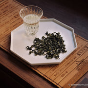 Tieguanyin wulong tea low roasted flowery in glass cup teaware, from China, Fujian, loose leaf premium tea