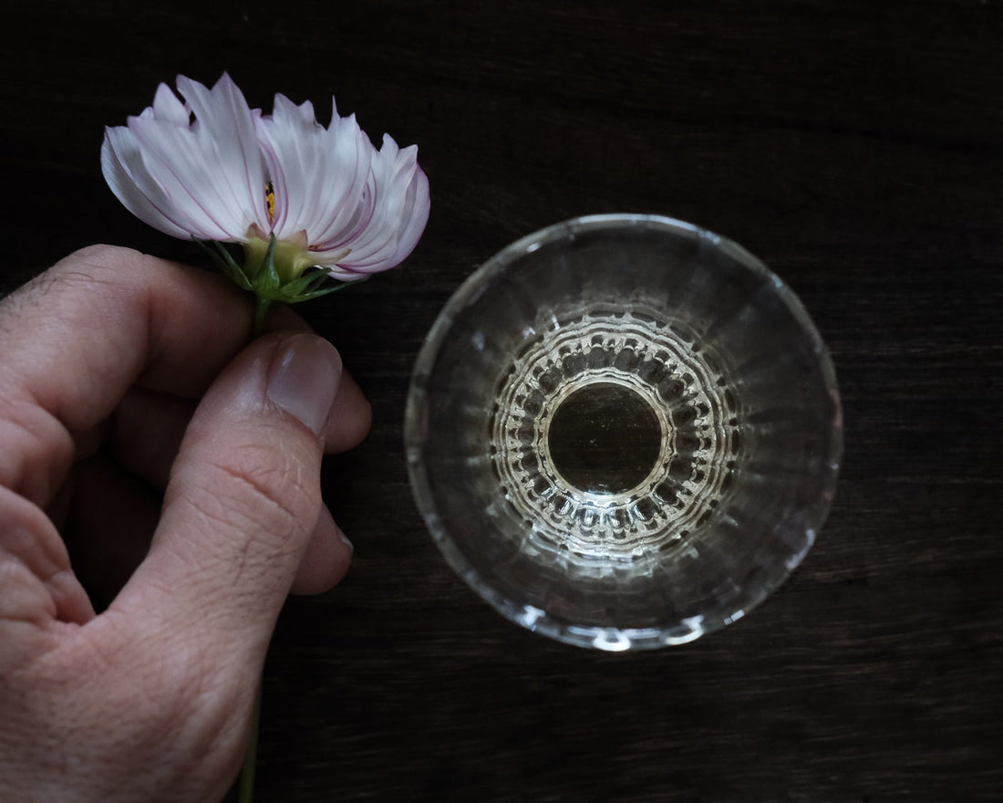 Longjing from Xihu Meijiawu, Chinese green tea pre-qingming infused in glass cup with white, pink and purple flower