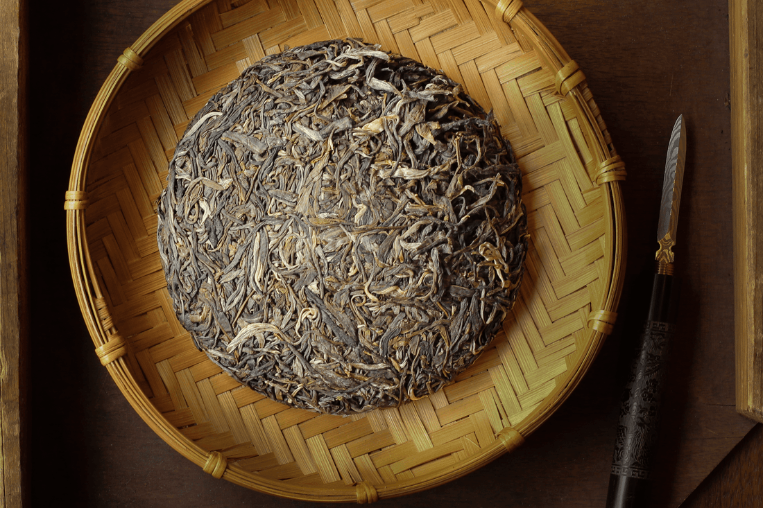forest pu'er tea from Naka village, Yunnan, China, stone-pressed for collection, shengpu in leaves detail and knife