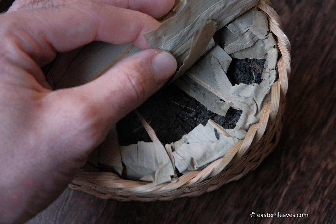 Ancha dark black tea, fermented, in original bamboo leaf basket; 2014 harvest from China