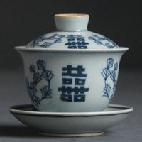 Gaiwan blue and white with blessing character, vintage Chinese gaiwan for brewing loose-leaf tea in gongfucha