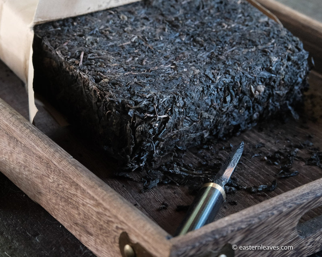 Fucha dark black tea, fermented, in original bamboo leaf basket; 2007 harvest from China