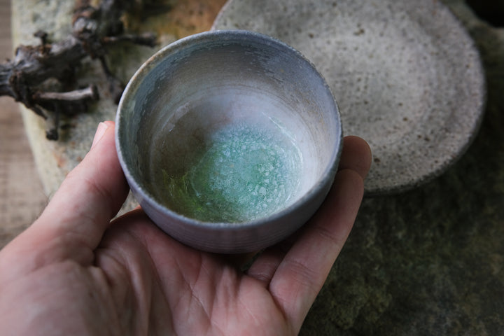 translucent dai minority tea cup in green, grey and blue, handcrafted by ceramic master in Yunnan, China, for loose-leaf tea in gongfucha