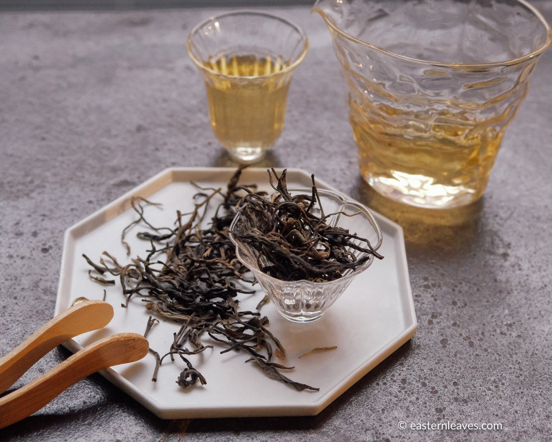 Pu'er shengpu Chinese tea loose-leaf vintage and aged, 2017 spring harvest, from ancient trees forest, yellow brew liquor in glass cup, golden buds, from Nannuo in Yunnan