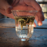 Longjing from Xihu Meijiawu, cultivar 43 Chinese green tea pre-qingming, infused loose-leaf in glass cup