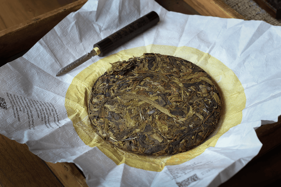 pu'er tea pressed in brick cake from Lunan mountain, Yunnan, from ancient trees gushu, huangpian yellow leaves leaves detail