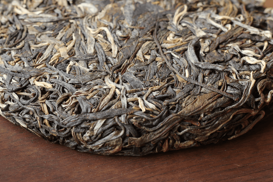 ancient trees pu'er shengpu from Lunan Pasha, Yunnan, China, pressed in brick by farmers, leaf detail