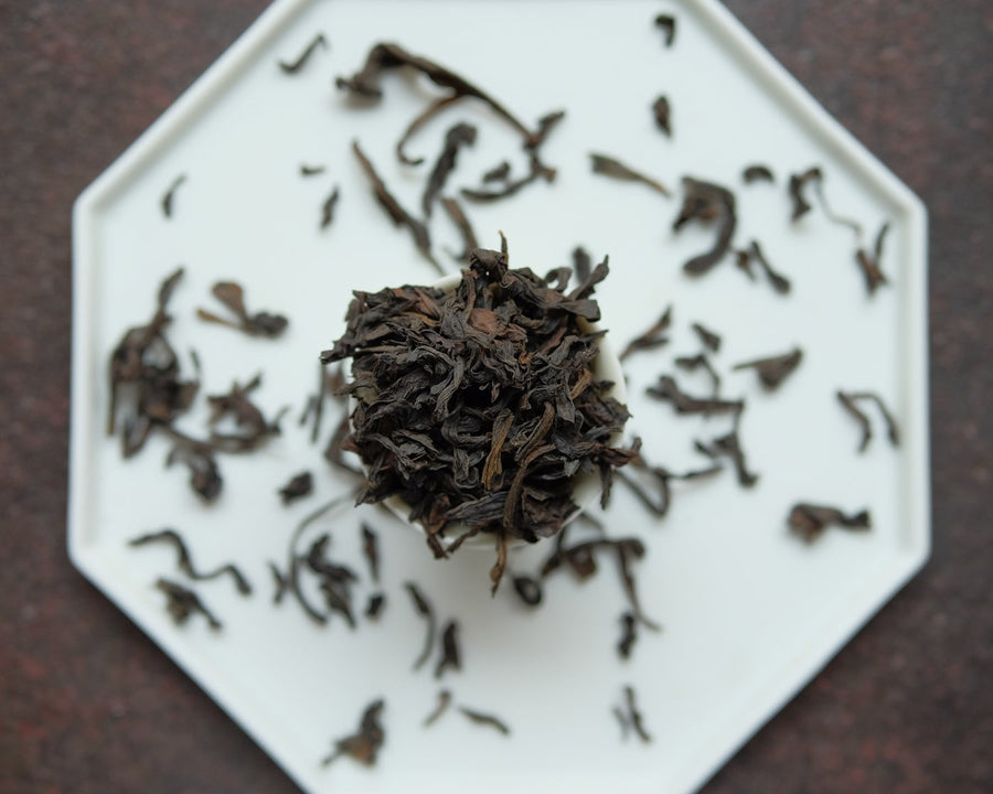 Dahongpao rock tea from Zhenyan premium area, Wuyi, Wuyishan, in China. Loose leaf wulong tea in white cup teaware